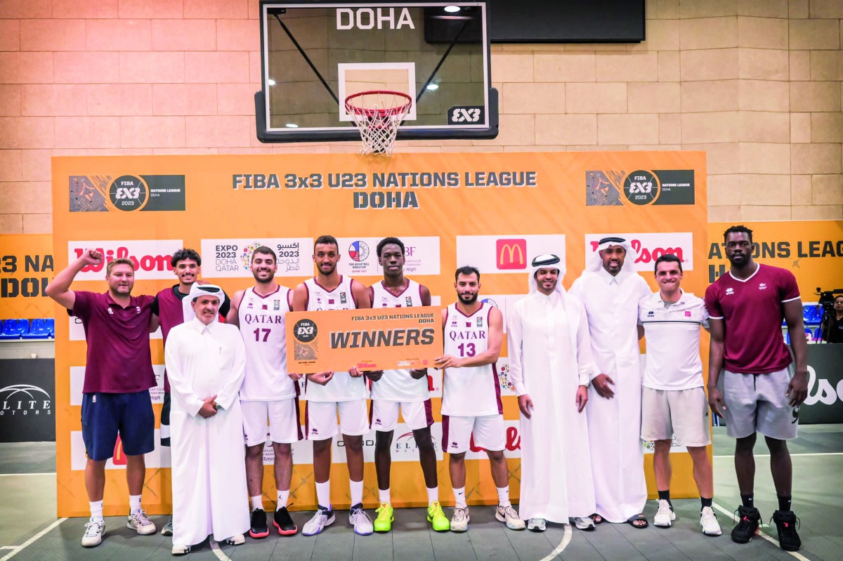 Qatar players and officials pose for a group photo after winning the FIBA 3x3 U-23 Nations League West Asia Conference. Qatar topped the Conference with 520 points to advance.