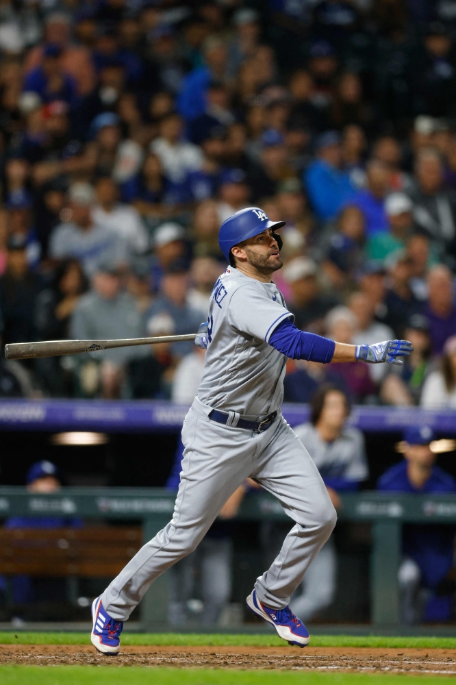 DENVER, CO - JUNE 29: J.D. Martinez #28 of the Los Angeles Dodgers hits a two-run home run in the fourth inning against the Colorado Rockies at Coors Field on June 29, 2023 in Denver, Colorado. Justin Edmonds/Getty Images/AFP (Photo by Justin Edmonds / GETTY IMAGES NORTH AMERICA / Getty Images via AFP)
