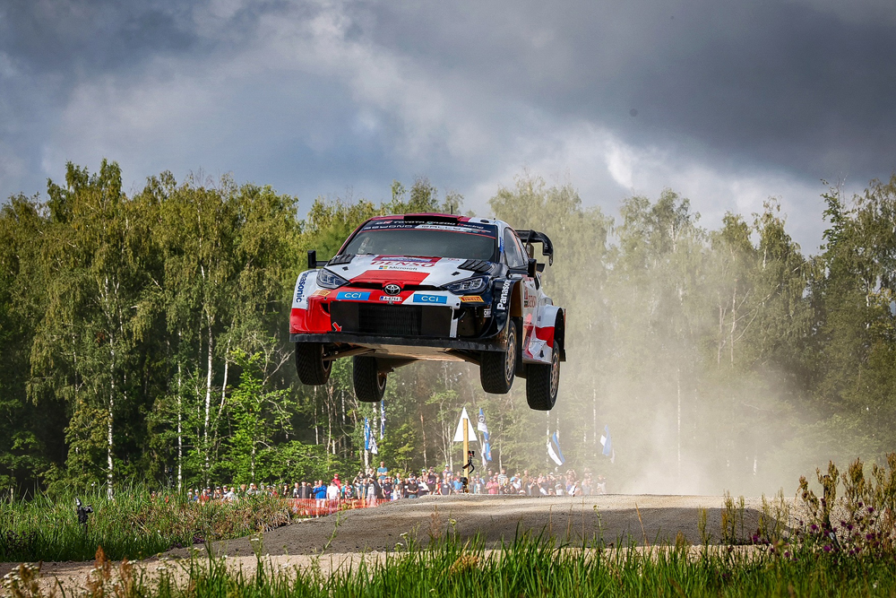 The No. 69 Toyota GR Yaris Rally1 Hybrid Electric vehicle is airbourne during the Rally Estonia.