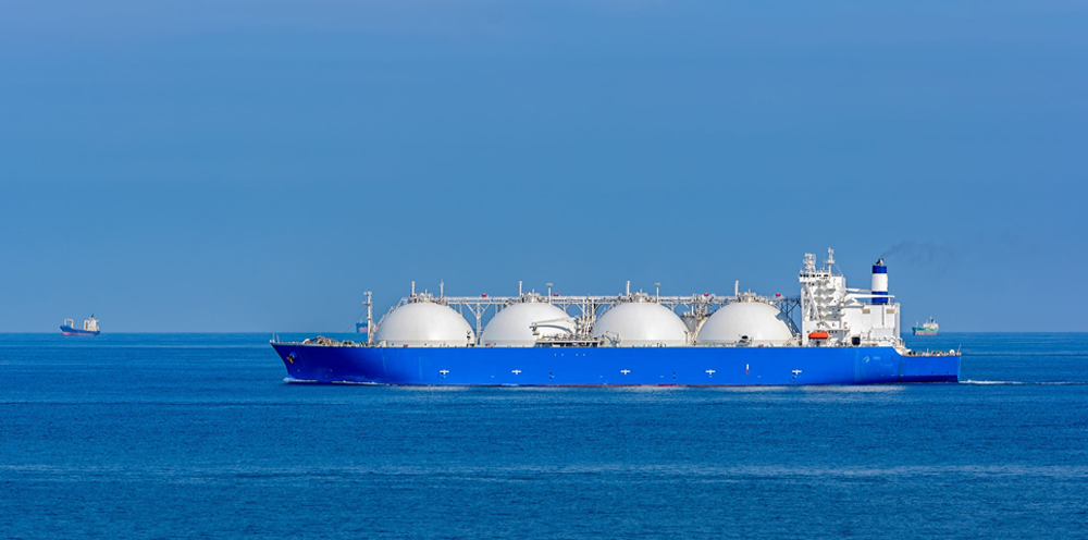 Liquefied natural gas (LNG) tanker passing through the Singapore Strait.