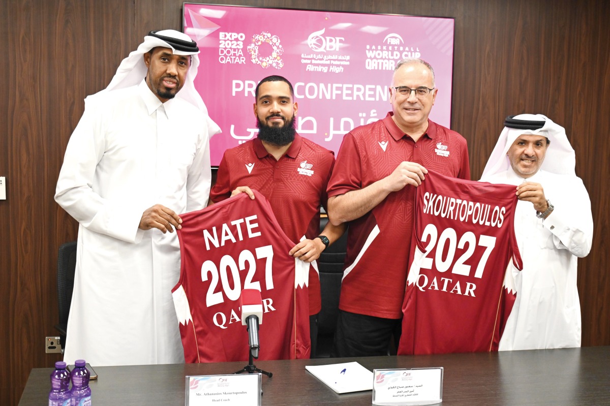 From left: Director of National Teams Yassin Ismail, fitness coach Nathaniel Alkidos, head coach Thanassis Skortopoulos and Qatar Basketball Federation Secretary General Saadoun Sabah Al Kuwari during a press conference, yesterday.