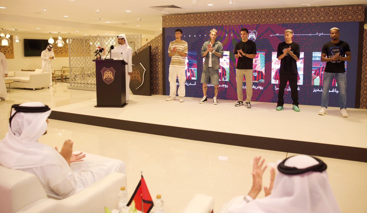 Al Rayyan's new recruits, Andre Amaro, Roger Guedes, Rodrigo Moreno, Gabriel Pereira and Thiago Mendez are presented during the unveiling ceremony of the club's strategy for the upcoming season, 'Plan 76', at Ahmad Bin Ali Stadium, yesterday. 