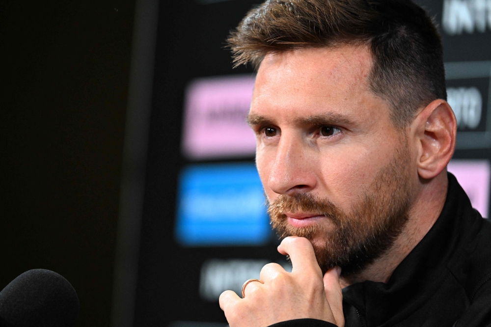 Inter Miami's Argentine forward Lionel Messi attends a press conference at DRV PNK Stadium in Fort Lauderdale, Florida on August 17, 2023. (Photo by Chandan Khanna / AFP)