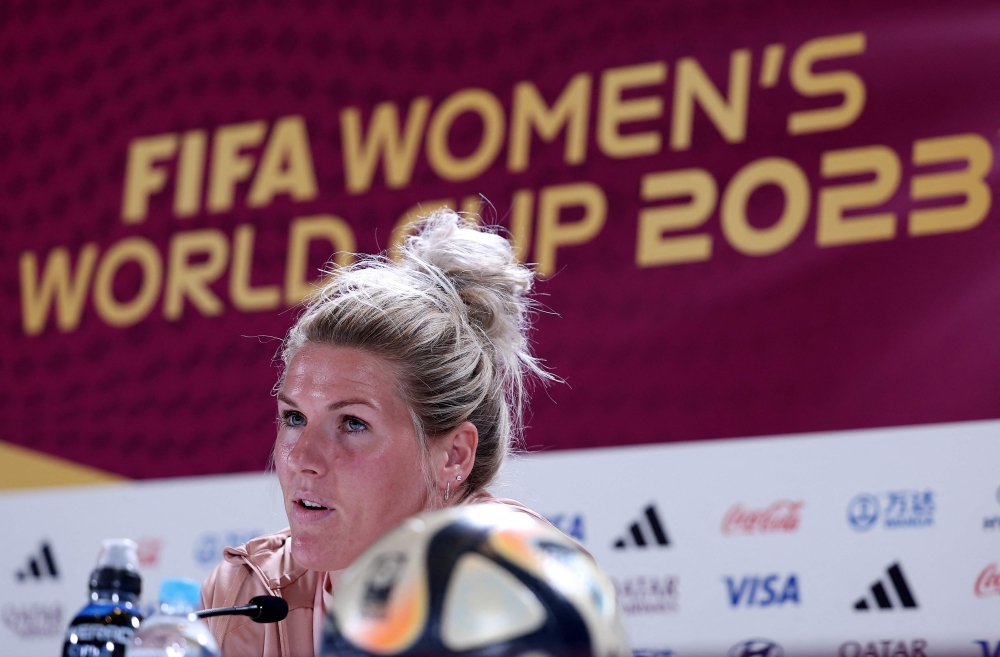 England's defender Millie Bright gives a press conference at Stadium Australia in Sydney on August 19, 2023 on the eve of the Women's World Cup final football match between Spain and England. Photo by FRANCK FIFE / AFP