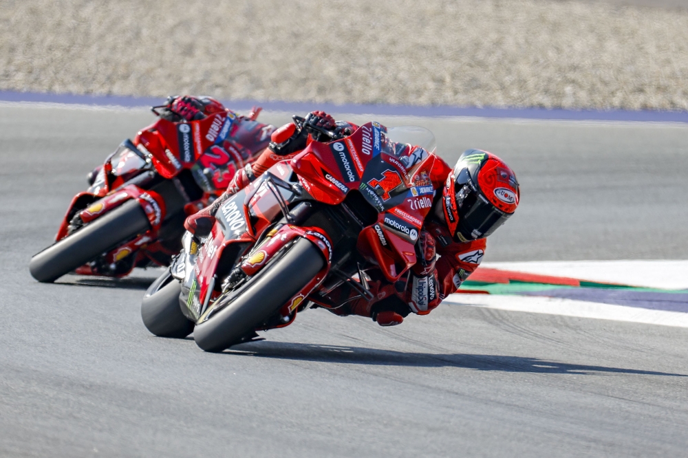 Ducati Lenovo Team Italian rider Francesco Bagnaia drives during the warm up of the MotoGP Austrian Grand Prix at the Red Bull Ring racetrack in Spielberg bei Knittelfeld, Austria, on August 20, 2023. Photo by ERWIN SCHERIAU / APA / AFP