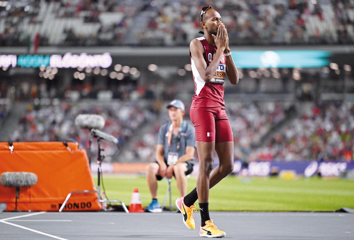 Qatar’s Mutaz Barshim reacts during the men’s high jump final. AFP