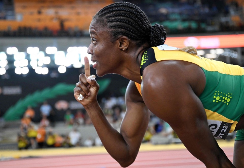 Winner, Jamaica's Danielle Williams reacts after a blanket finish in the women's 100m hurdles final during the World Athletics Championships at the National Athletics Centre in Budapest on August 24, 2023. (Photo by Kirill Kudryavtsev / AFP)