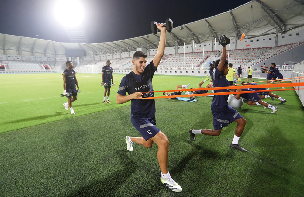 Al Duhail players in action during a training session yesterday. The Red Knights are preparing for an ESL game against Al Arabi to be played on Saturday at Al Thumama Stadium.  