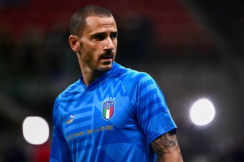 Italy's defender Leonardo Bonucci warms up ahead of the UEFA Nations League's League A Group 3 match between Italy and England, in Milan on September 23, 2022. Photo by Marco BERTORELLO / AFP