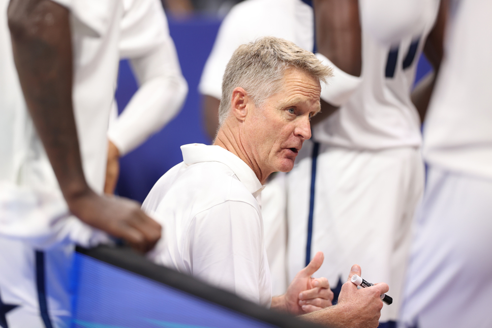 Steve Kerr of the USA Men's Senior National Team goes over a play against Montenegro in the second round as part of the 2023 FIBA World Cup on September 1, 2023 at Mall of Asia Arena in Manila, Philippines. Photo by Stephen Gosling / NBAE / Getty Images / Getty Images via AFP