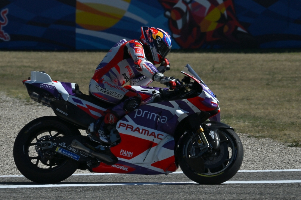 Prima Pramac Racing's Spanish rider Jorge Martin reacts as he wins the San Marino MotoGP Grand Prix at the Misano World Circuit Marco-Simoncelli in Misano Adriatico on September 10, 2023. Photo by Filippo MONTEFORTE / AFP