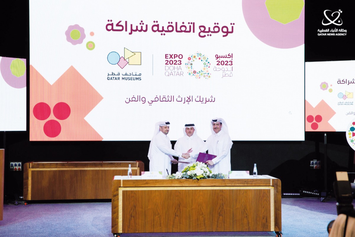 Minister of Municipality and Chairman of the Expo 2023 Committee H E Dr Abdullah bin Abdulaziz bin Turki Al Subaie (centre), Secretary-General of Expo 2023 Doha Mohammed Al Khouri (right) and Qatar Museums Acting CEO Mohammed Saad Al Rumaihi during partnership agreement signing ceremony at the headquarters of the Ministry, yesterday. 