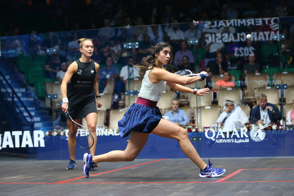 Nour El Sherbini in action against Tinne Gilis.