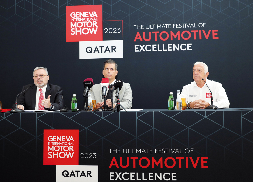 COO of Qatar Tourism Berthold Trenkel (left); CEO Geneva International Motor Show, Sandro Mesquita (centre); and CEO of Rinspeed AG, Frank M Rinderknecht address a press conference in Doha yesterday. Pic: Salim Matramkot/The Peninsula