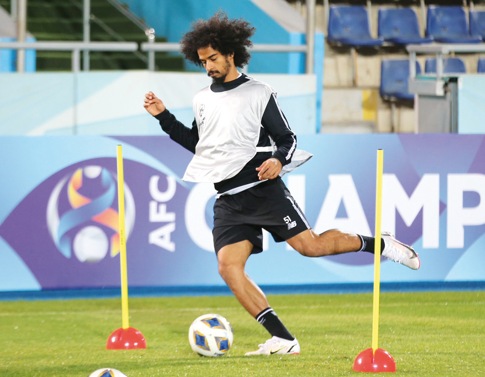 Al Sadd's Akram Afif during a training session at the Pakhtakor Central Stadium in Tashkent yesterday. 