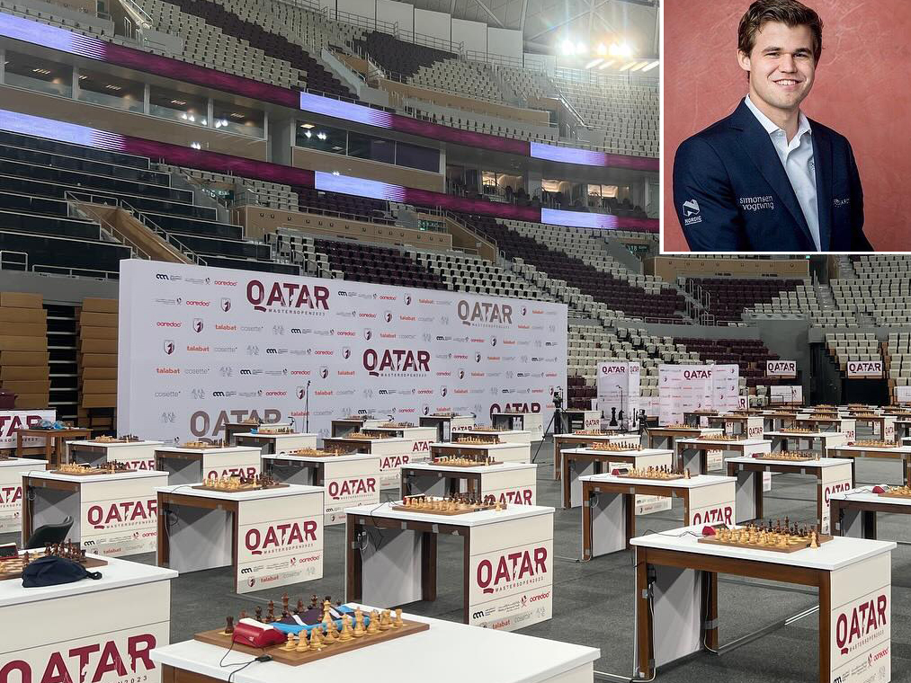 The Lusail Multipurpose Hall is all set to host the Qatar Masters Open 2023 (Pic: Twitter/@ChessbaseIndia); inset: five-time world champion Magnus Carlsen  