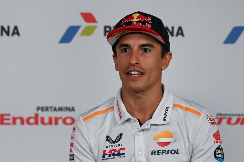 Repsol Honda MotoGP rider Marc Marquez of Spain speaks during a press conference ahead of the MotoGP Indonesian Grand Prix at the Mandalika International Circuit in Kuta Mandalika, Central Lombok, on October 12, 2023. Photo by Sonny TUMBELAKA / AFP