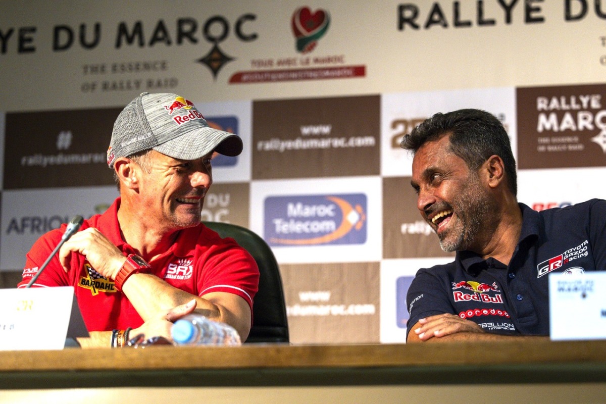 Nasser Al Attiyah (left) during a press conference ahead of the Rallye du Maroc.