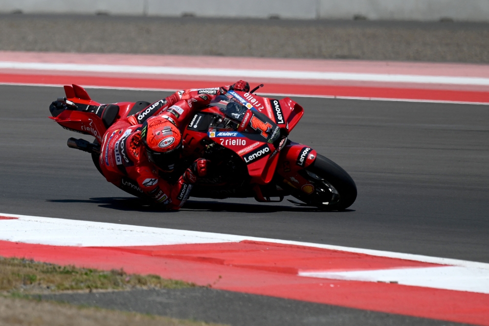 Ducati Lenovo Team Italian rider Francesco Bagnaia competes in the Indonesian Grand Prix MotoGP at the Mandalika International Circuit in Kuta Mandalika, Central Lombok on October 15, 2023. Photo by SONNY TUMBELAKA / AFP