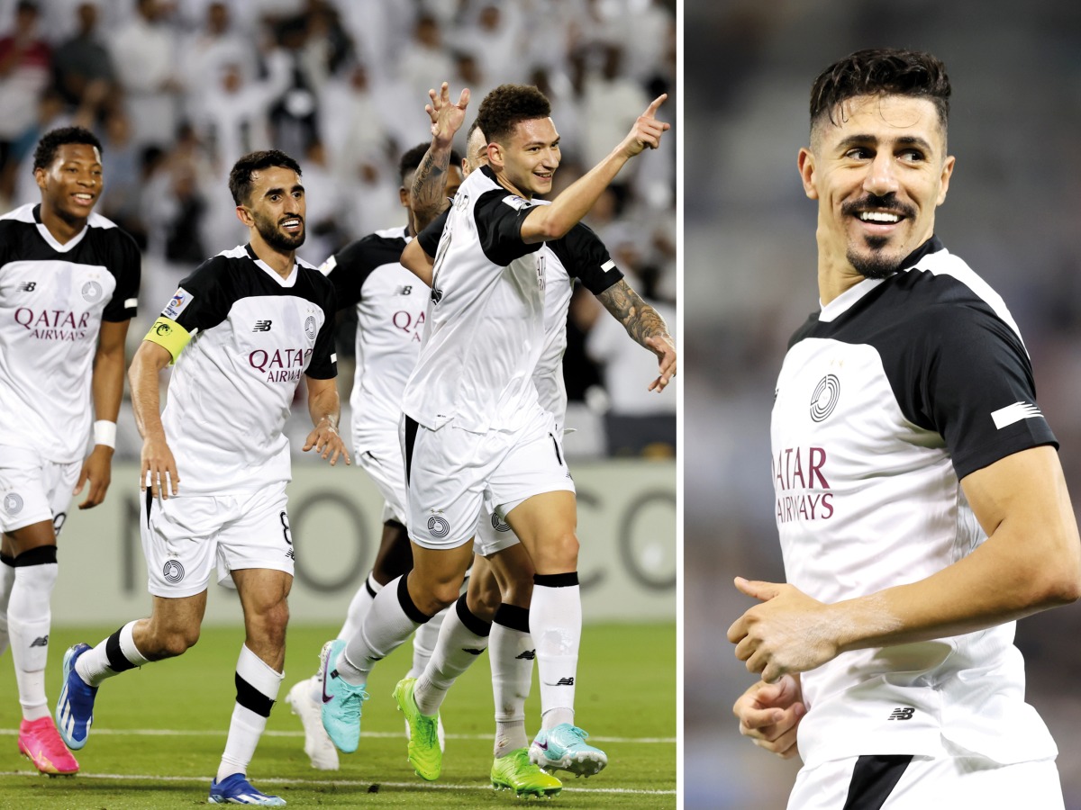 Mostafa Meshaal (right) celebrates with teammates after scoring a goal and Al Sadd's Baghdad Bounedjah celebrates after scoring a goal. Pictures: Mohamed Farag