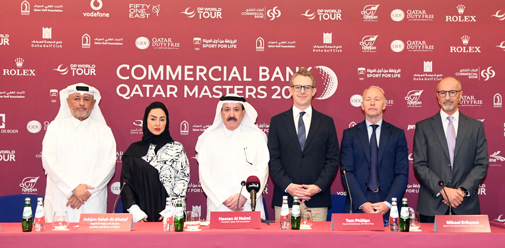 FROM LEFT: QGA Secretary General Fahad Nasser Al Naimi, Sponsorships and Events Manager at Commercial Bank of Qatar Ashjan Saleh Al Khalaf, QGA President Hassan Al Naimi, Head of Middle East DP World Tour Tom Phillips, Senior Tournament Director DP World Tour Mikael Eriksson and QGA Technical Expert Mike Shoueiry pose for a photo after the press conference yesterday.