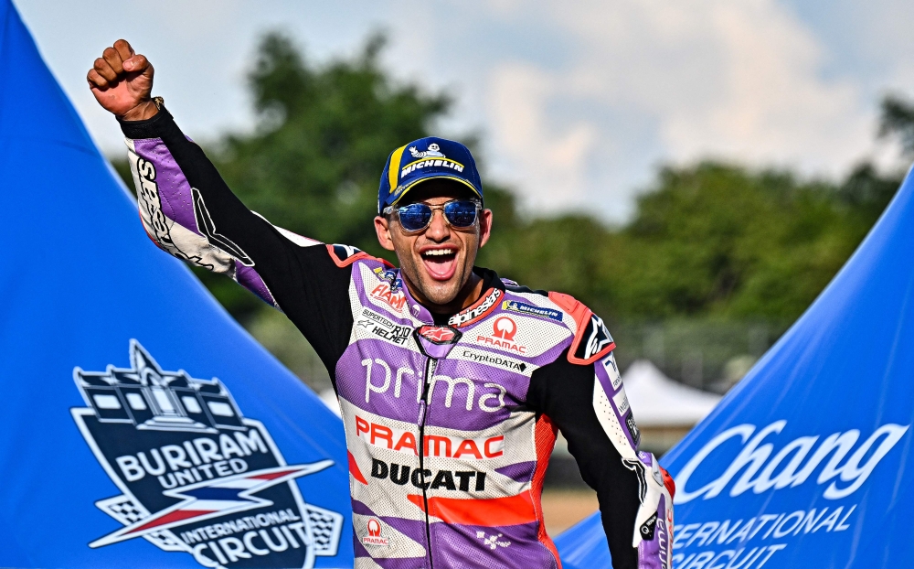 Winner Prima Pramac's Spanish rider Jorge Martin celebrates on the podium after the MotoGP Thailand Grand Prix at the Buriram International Circuit in Buriram on October 29, 2023. Photo by Lillian SUWANRUMPHA / AFP