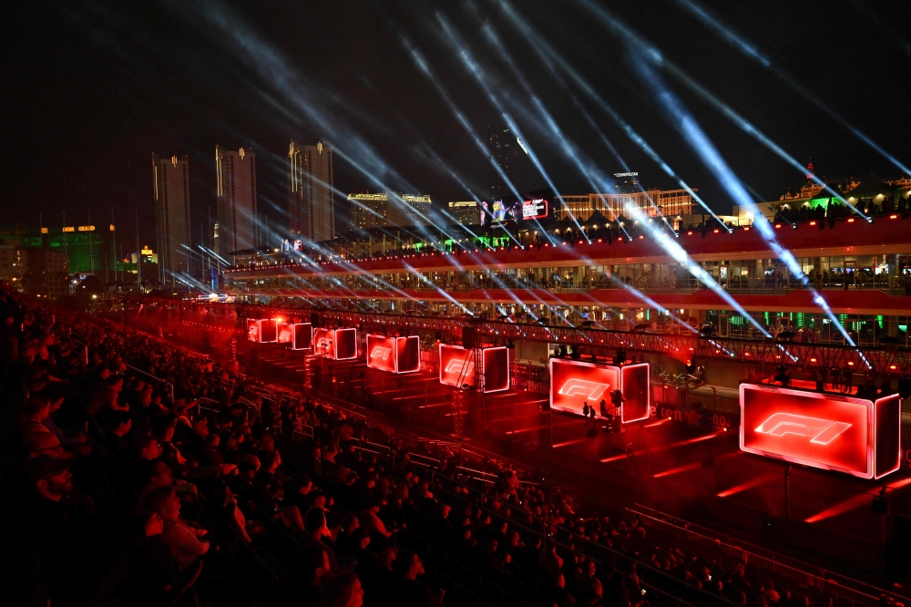 The Formula One track is lit ahead of the Las Vegas Grand Prix on November 15, 2023, in Las Vegas, Nevada. Photo by ANGELA WEISS / AFP