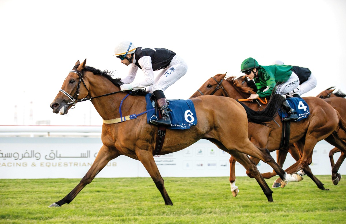 Alberto Sanna guides Seulomonde to victory in Al Rakayat Cup - Thoroughbred Handicap 70-90 (Class 3), yesterday.
