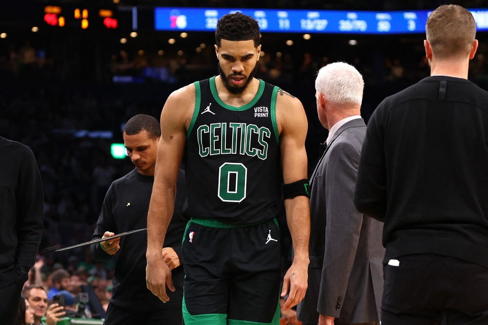 Jayson Tatum #0 of the Boston Celtics is ejected from the game against the Philadelphia 76ers after his second technical foul at TD Garden on December 01, 2023 in Boston, Massachusetts. Maddie Meyer/Getty Images/AFP 