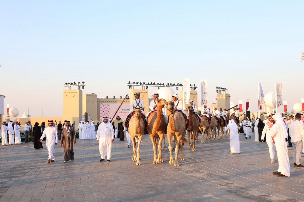 Camel riders participate in the opening ceremony of Darb Al Saai yesterday.