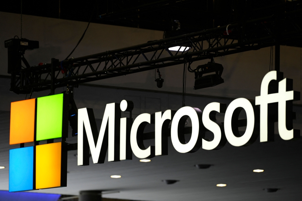 The logo of Microsoft US multinational tecnology corporation is seen at the Mobile World Congress (MWC), the telecom industry's biggest annual gathering, in Barcelona on March 2, 2023. Photo by Josep LAGO / AFP

