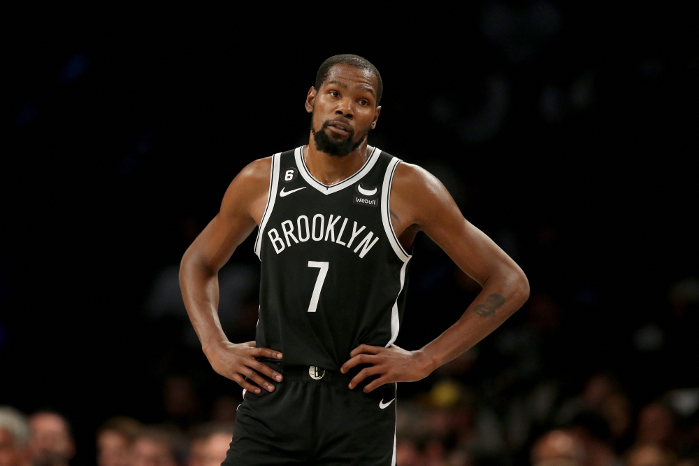 Brooklyn Nets forward Kevin Durant (7) reacts during the third quarter against the New Orleans Pelicans at Barclays Center in Brooklyn, New York, on October 19, 2022. Mandatory Credit: Brad Penner-USA TODAY Sports

