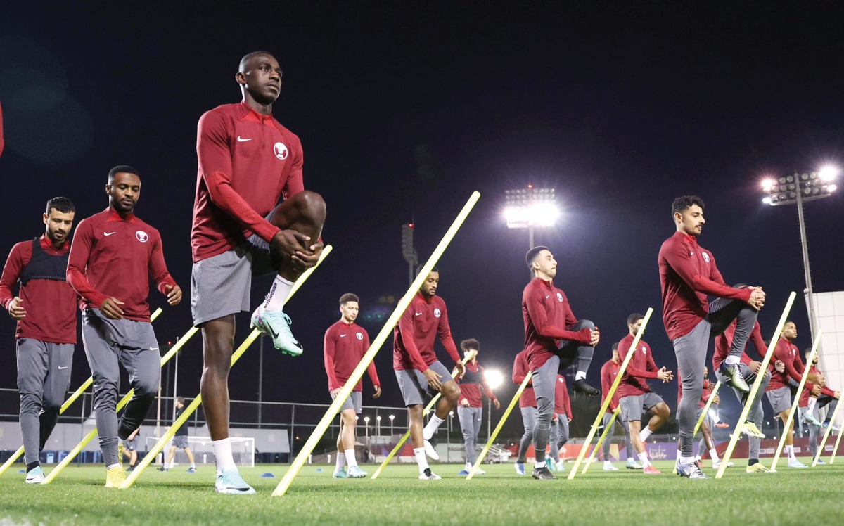 Qatar players during a training session as they prepare for their second Asian Cup Group A match against Tajikistan yesterday. 