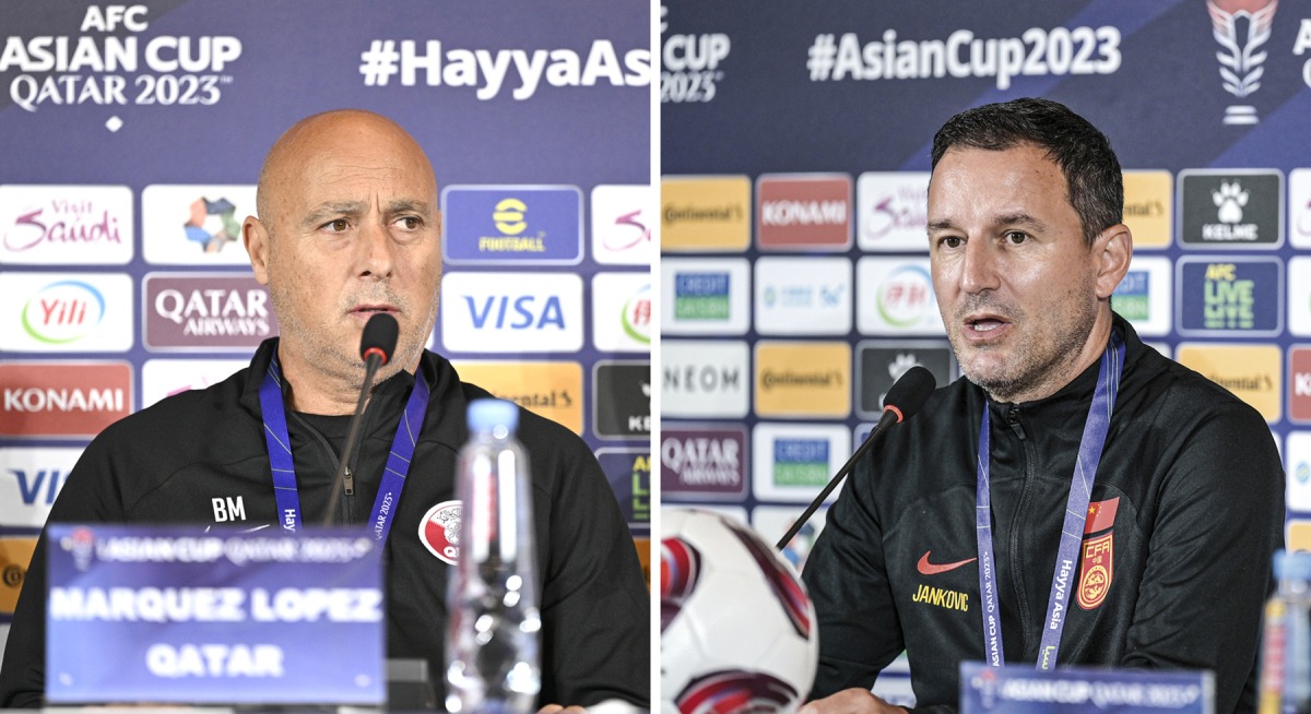 Qatar coach Marquez Lopez and China coach Aleksandar Jankovic during their respective press conferences.