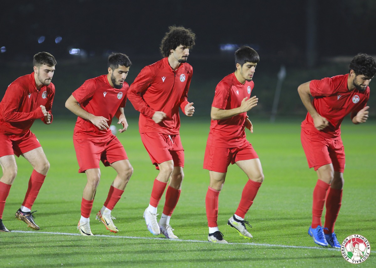 Tajikistan players during a training session ahead of the last 16 match against UAE.