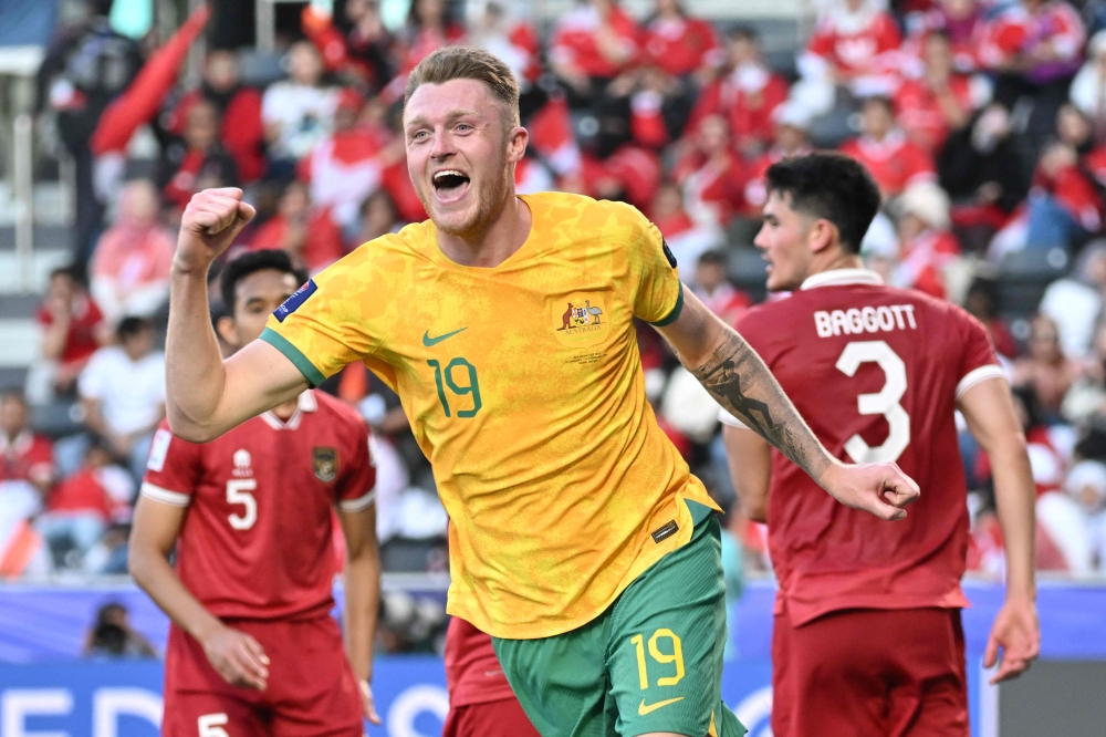 Australia’s Harry Souttar celebrates after scoring his team’s fourth goal. AFP