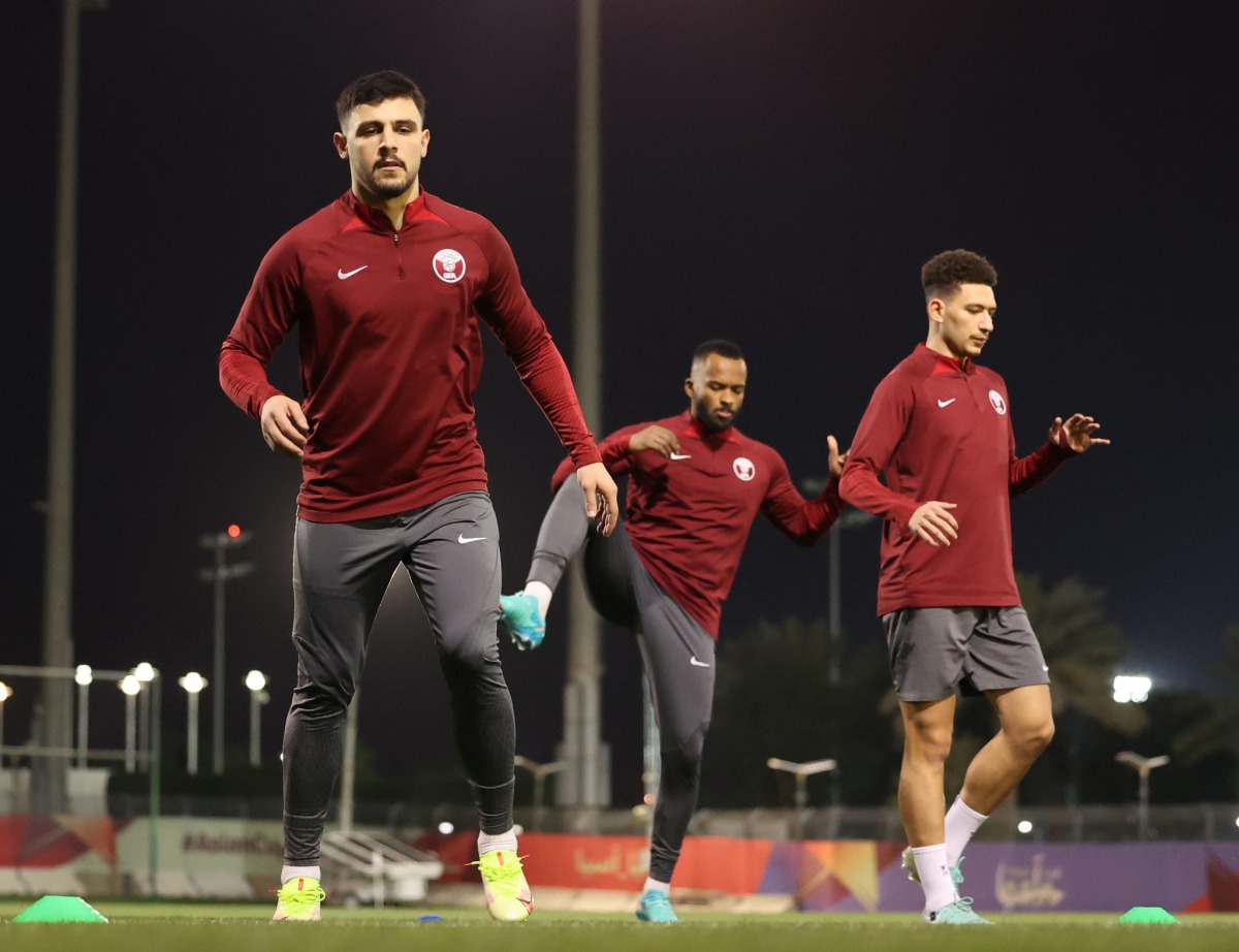 Qatar players during a training session ahead of their Round of 16 clash against Palestine.