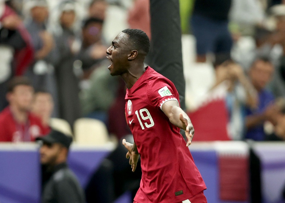 Qatar's Almoez celebrates after scoring against Lebanon during Asian Cup opening match at Lusail Stadium on January 12.  