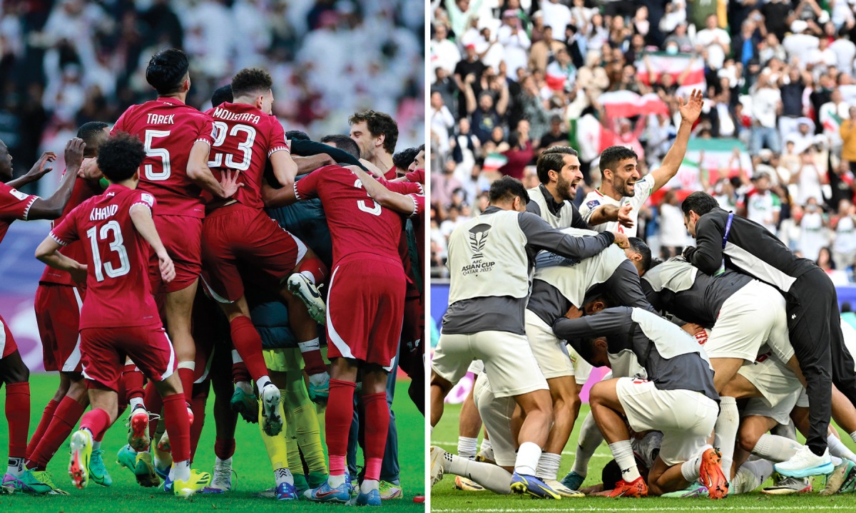 From left: Qatar players celebrate, and Iran’s players celebrate during the quarter-final match against Japan. 