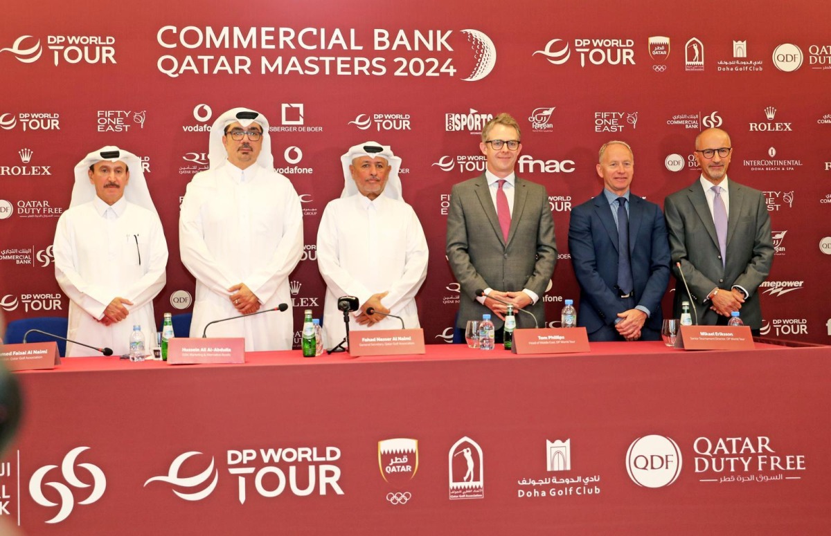 FROM LEFT: Qatar Golf Association (QGA) Board Member Mohammed Faisal Al Naimi, Commercial Bank’s Marketing, and Alternative Assets EGM Hussein Al Abdullah, QGA Secretary General Fahad Nasser Al Naimi, Head of Middle East European Tour Tom Phillips, European Tour Senior Tournament Director Mikael Eriksson and QGA Technical Expert Mike Shoueiry pose for a photo after the press conference yesterday.