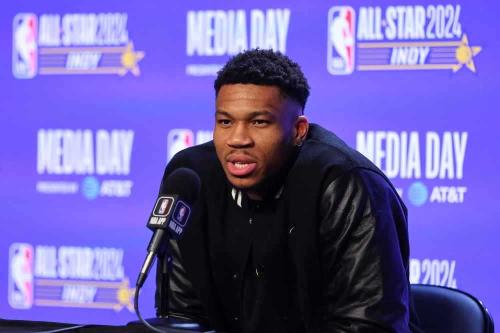 Giannis Antetokounmpo #34 of the Milwaukee Bucks speaks with the media at Gainbridge Fieldhouse on February 17, 2024 in Indianapolis, Indiana. (Photo by Stacy Revere / GETTY IMAGES NORTH AMERICA / Getty Images via AFP)
