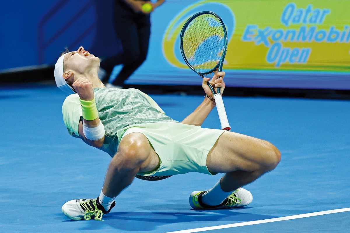 Czech Republic’s Jakub Mensik celebrates after beating Russia’s Andrey Rublev yesterday. AFP