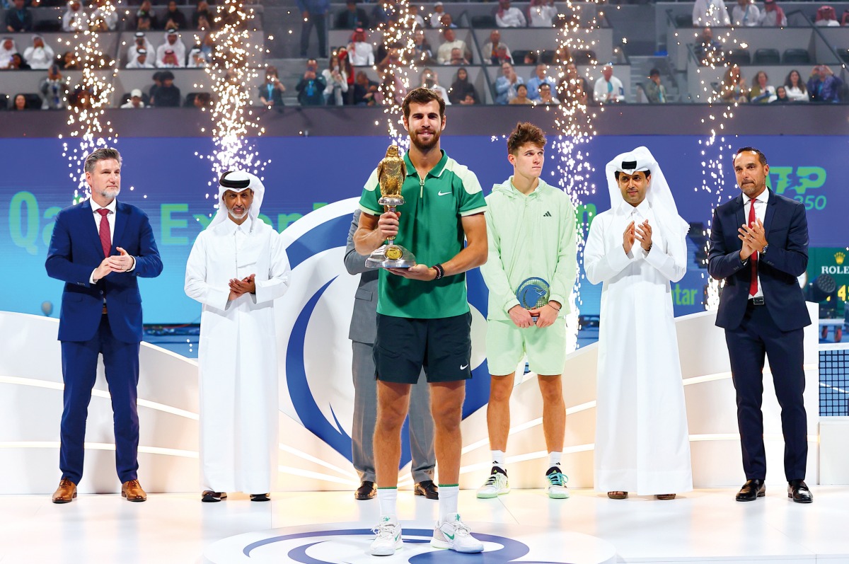 Minister of Sports and Youth H E Sheikh Hamad bin Khalifa bin Ahmed Al Thani crowned Russian Karen Khachanov the champion of Qatar ExxonMobil Open after he defeated Czech Republic's Jakub Mensik  in the final yesterday. QTF President Nasser bin Ghanim Al Khelaifi, President and General Manager of ExxonMobil Qatar Dominic Genetti (eft) and Event Director Karim Alami (right) were also present.