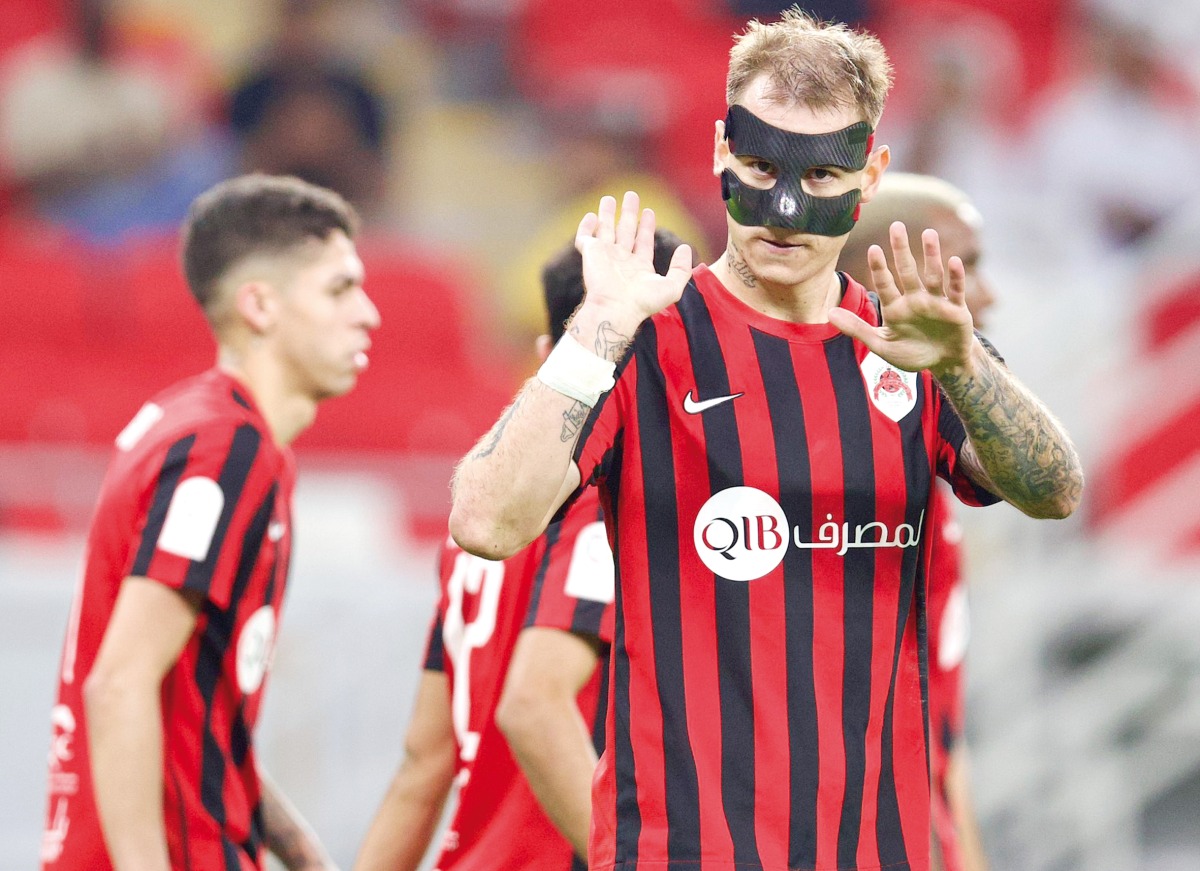 Roger Guedes celebrates after scoring Al Rayyan's second goal against Al Shamal. 