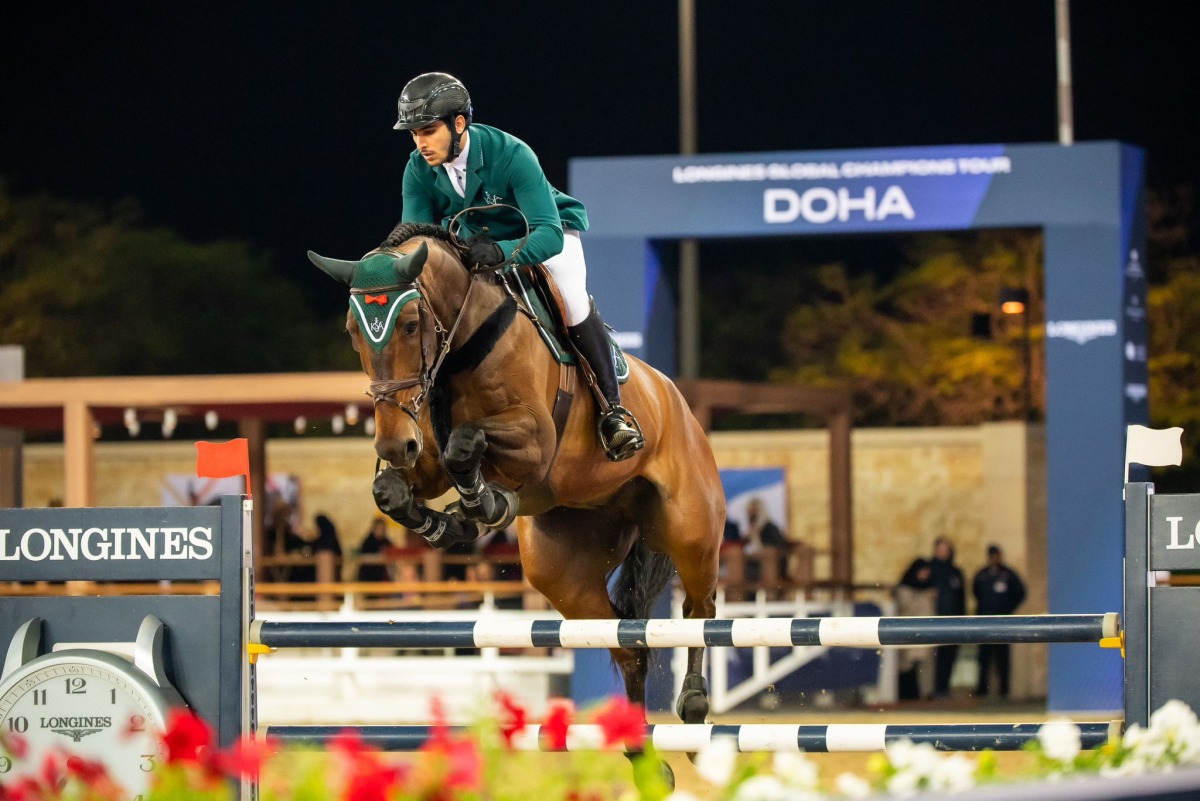 Saudi Arabian rider Abdulrahman Alrajhi and Ventago in action during the CSI5* Against the clock - 1.45m event on the opening day of the Longines Global Champions Tour of Doha, yesterday. 