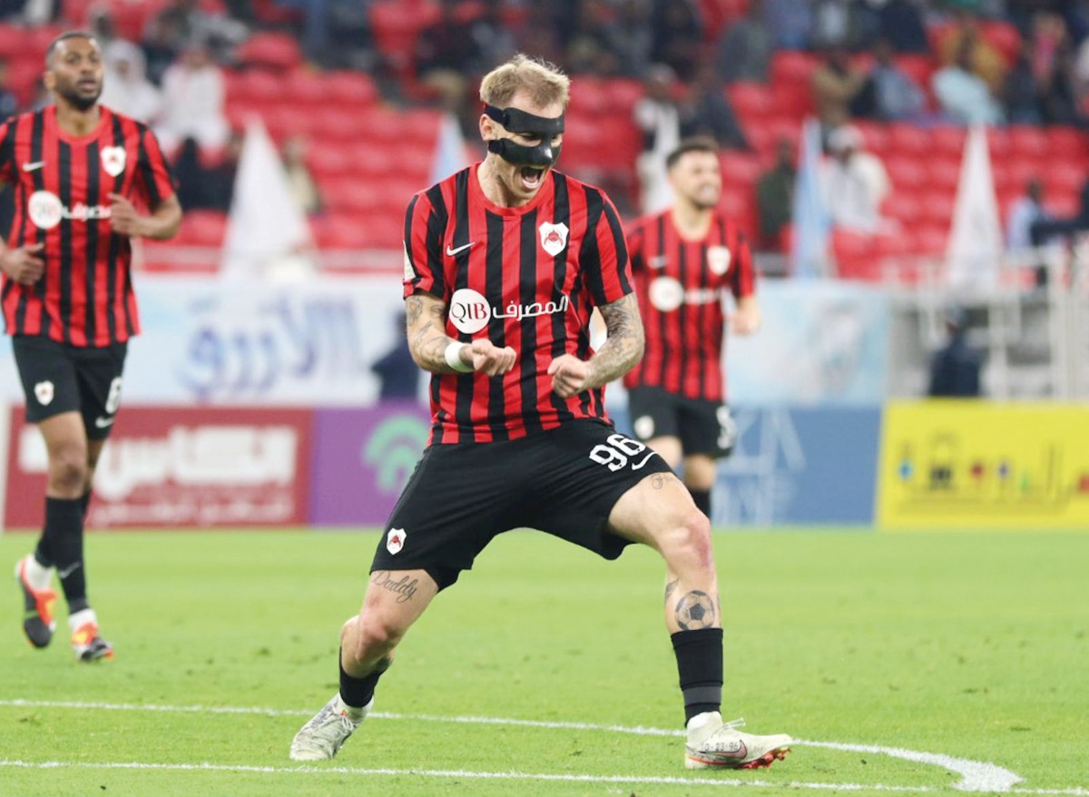 Al Rayyan's Roger Guedes celebrates after scoring a goal against Al Wakrah yesterday.