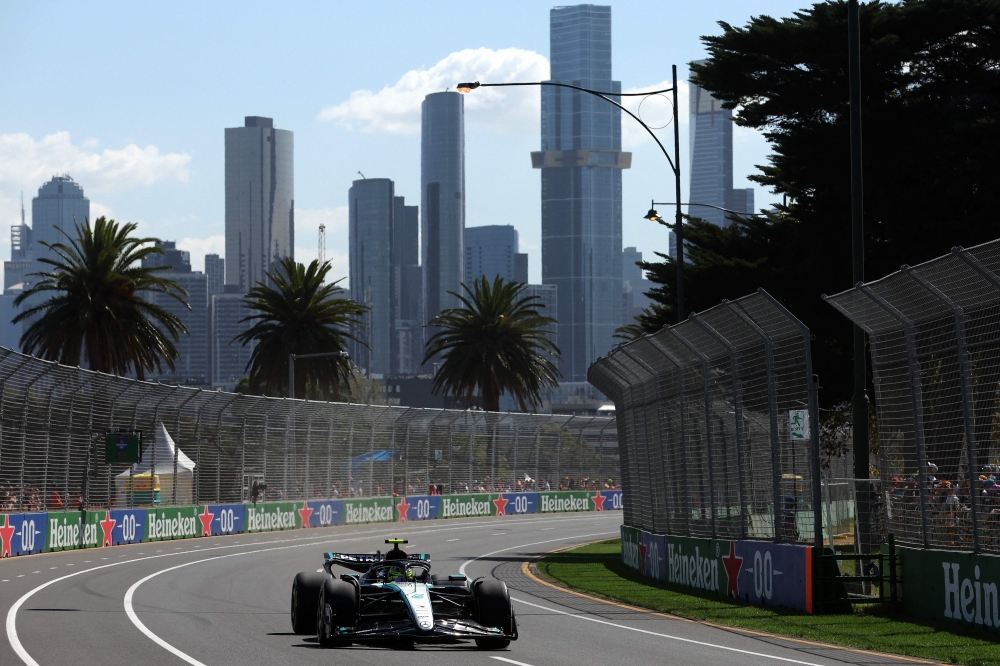 Mercedes' British driver Lewis Hamilton drives during the first practice session of the Formula One Australian Grand Prix at the Albert Park Circuit in Melbourne on March 22, 2024. (Photo by Martin KEEP / AFP)