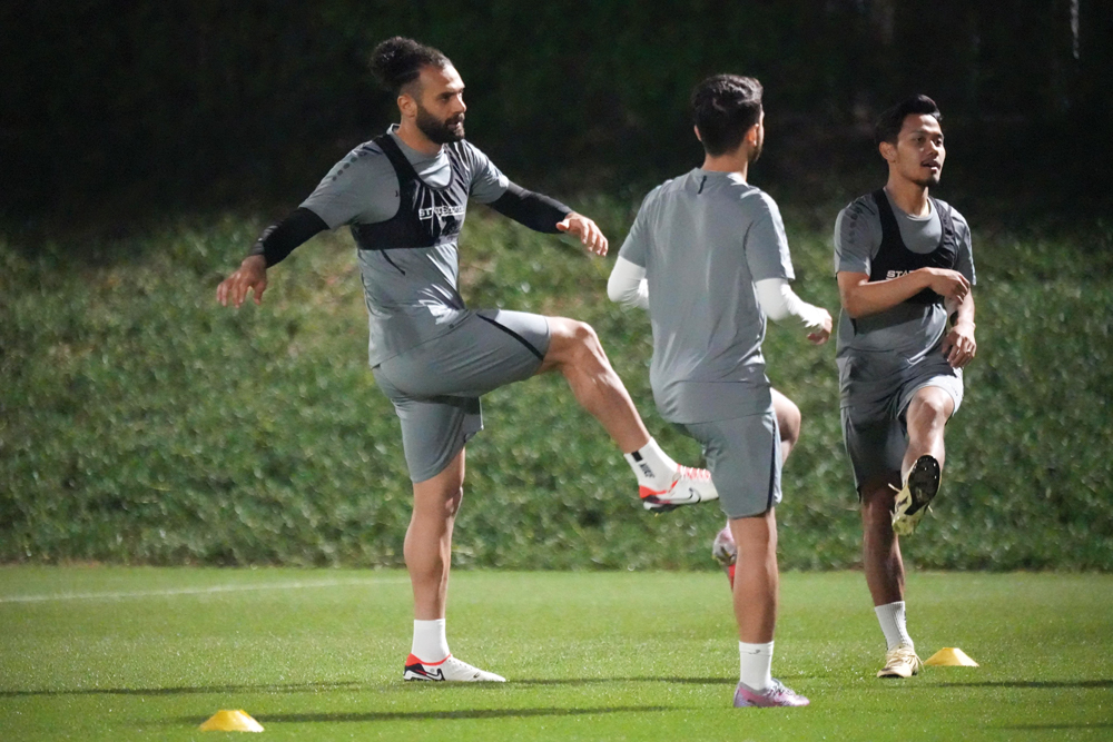 Muaither players in action during a training session yesterday.