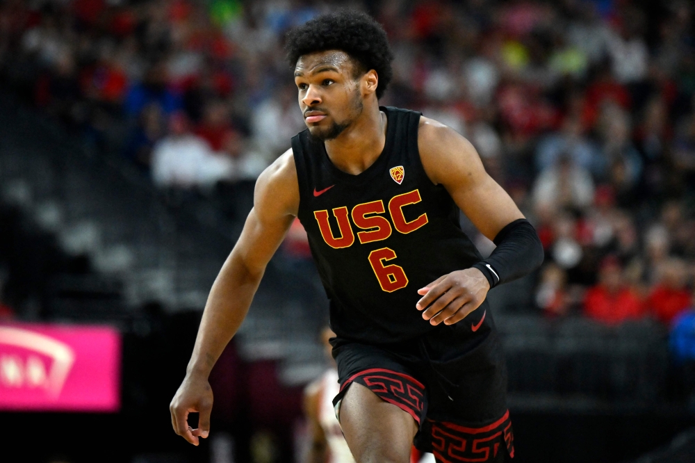 (FILES) Bronny James #6 of the USC Trojans looks on in the second half of a quarterfinal game against the Arizona Wildcats during the Pac-12 Conference basketball tournament at T-Mobile Arena on March 14, 2024 in Las Vegas, Nevada. (Photo by David Becker / GETTY IMAGES NORTH AMERICA / AFP)
