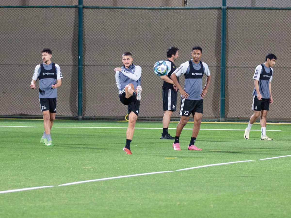 Al Arabi players during a training session yesterday.